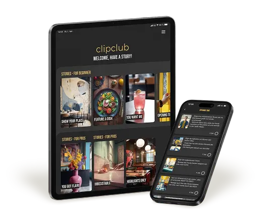Ein Tablet und ein Smartphone zeigen die ClipClub App.