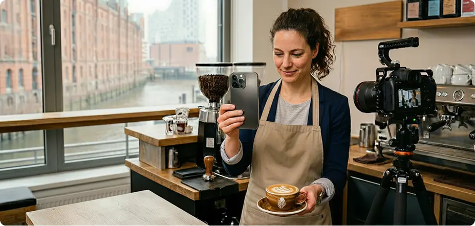 Frau hält in der einen Hand ein Handy auf der sie die Clip Club App verwendet, in der anderen einen Kaffee.