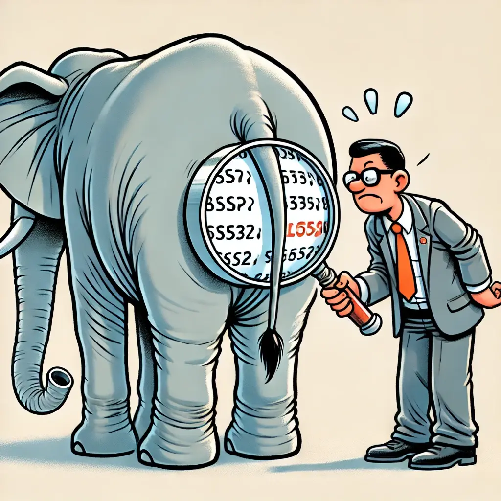 A comic of a programmer searching for data inside an elephants butt